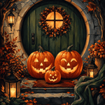 Malen nach Zahlen Familie Kürbis vor der Tür – Halloween-Motiv