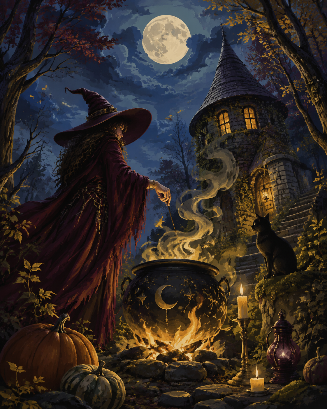 Malen nach Zahlen Feuerstelle der Waldhexe – Halloween-Motiv