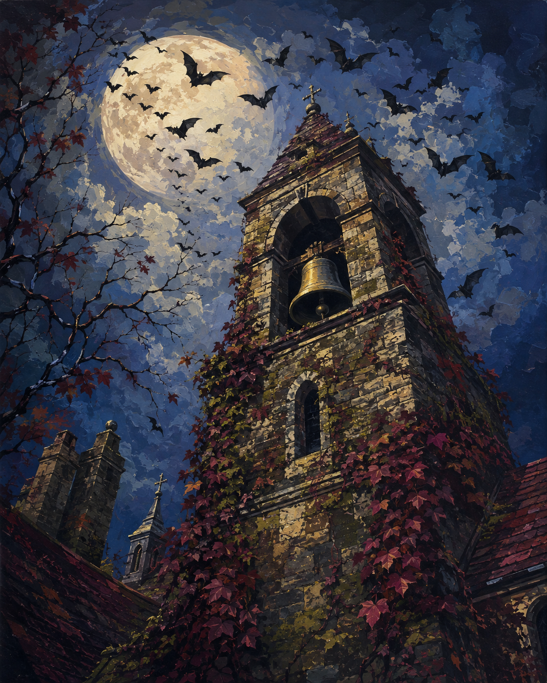 Malen nach Zahlen Fledermäuse über dem Glockenturm – Halloween-Motiv