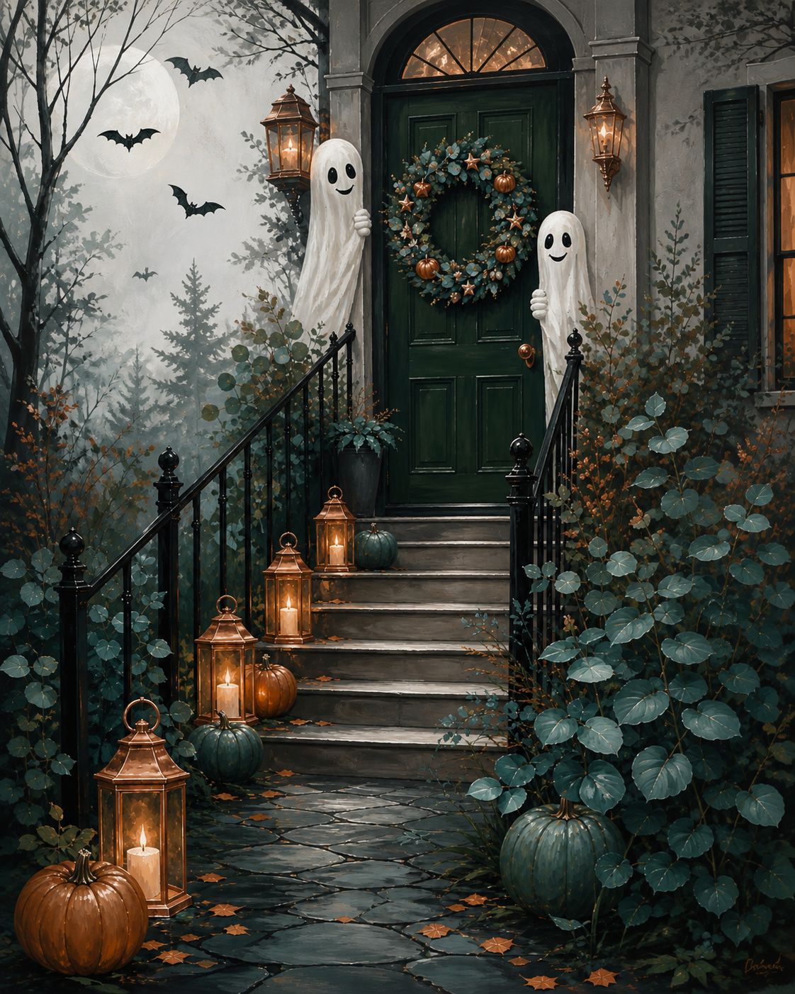 Malen nach Zahlen Fröhlicher Spuk an der Haustür – Halloween-Motiv