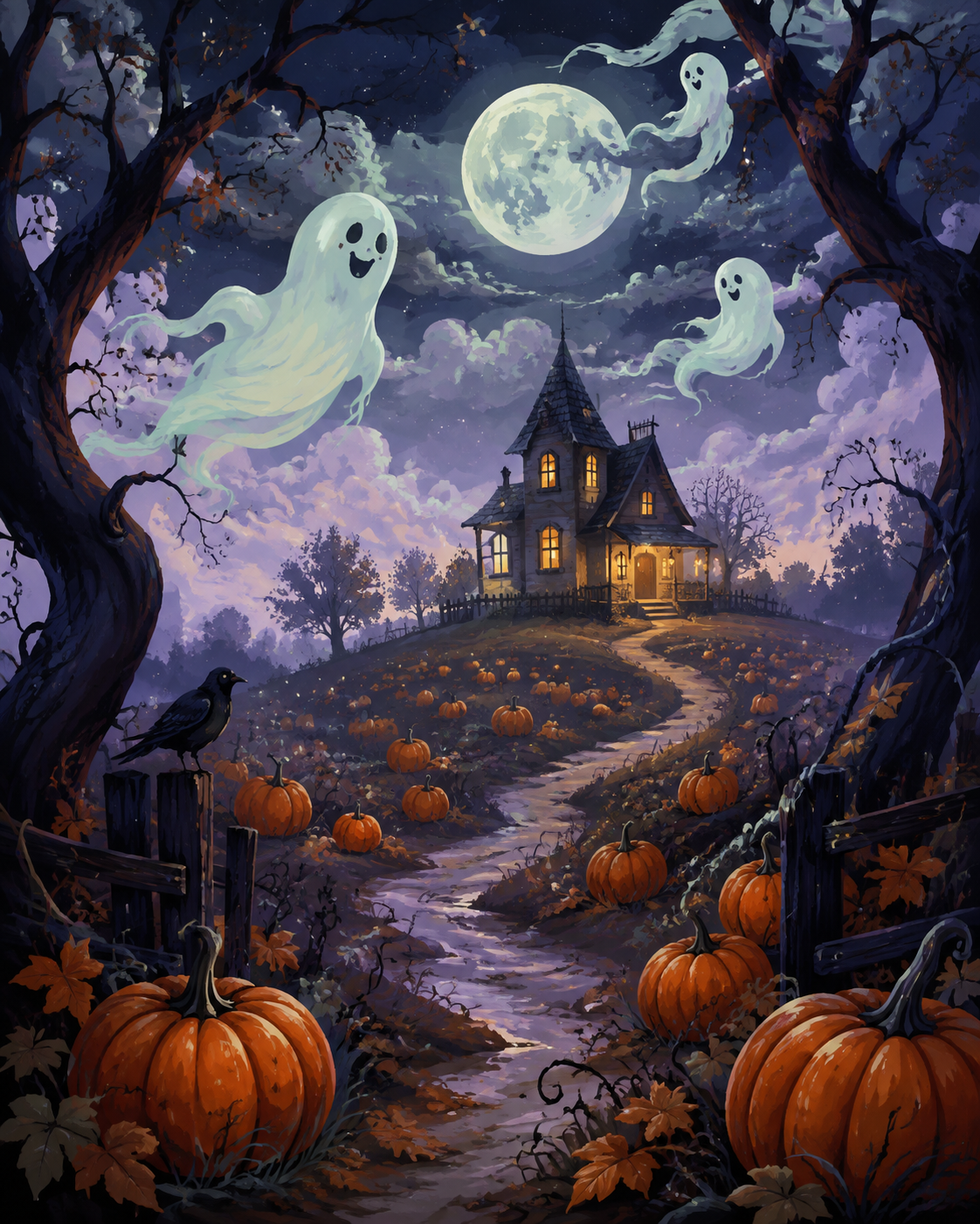 Malen nach Zahlen Geister über dem Kürbisacker – Halloween-Motiv