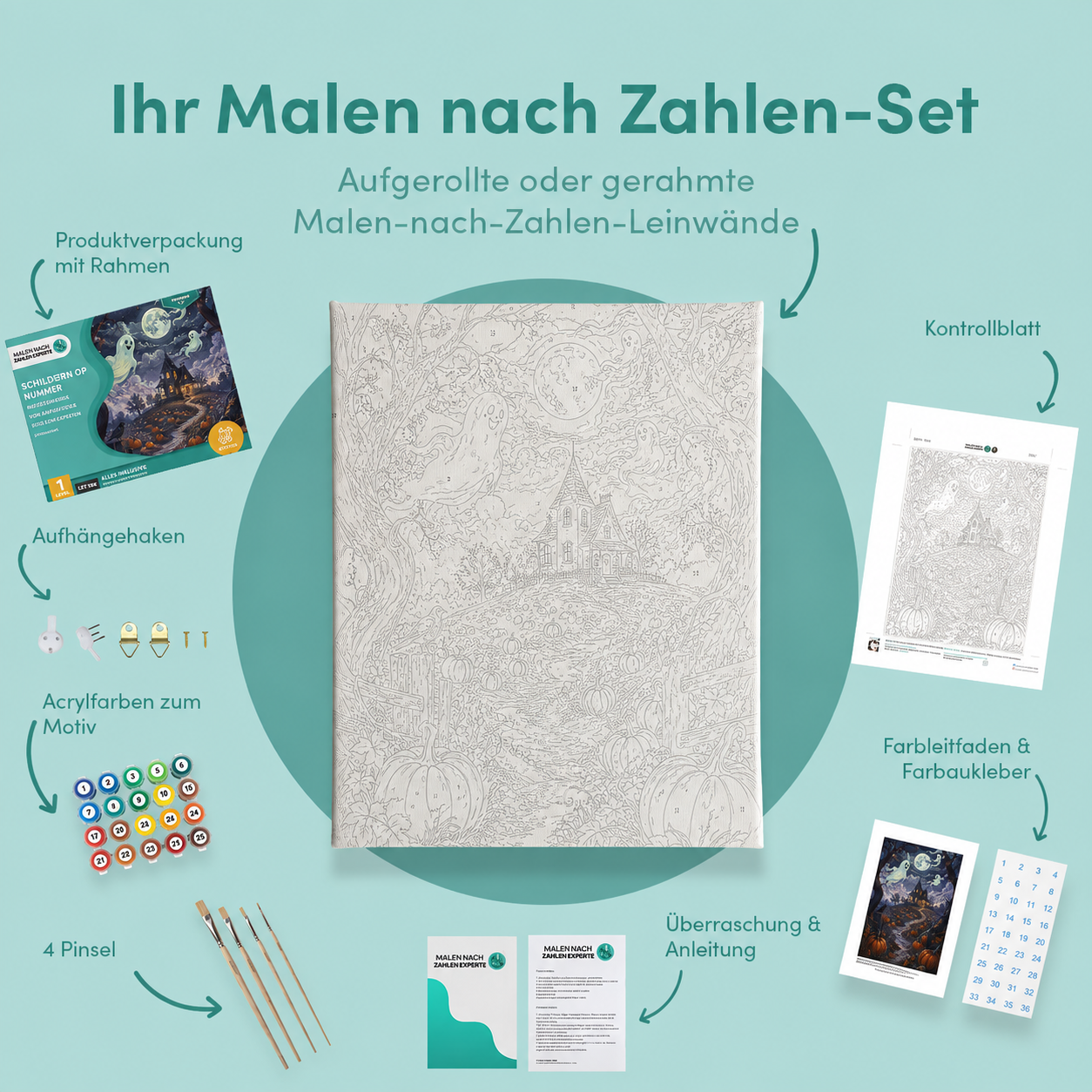 Inhalt des Malen-nach-Zahlen-Sets Geister über dem Kürbisacker