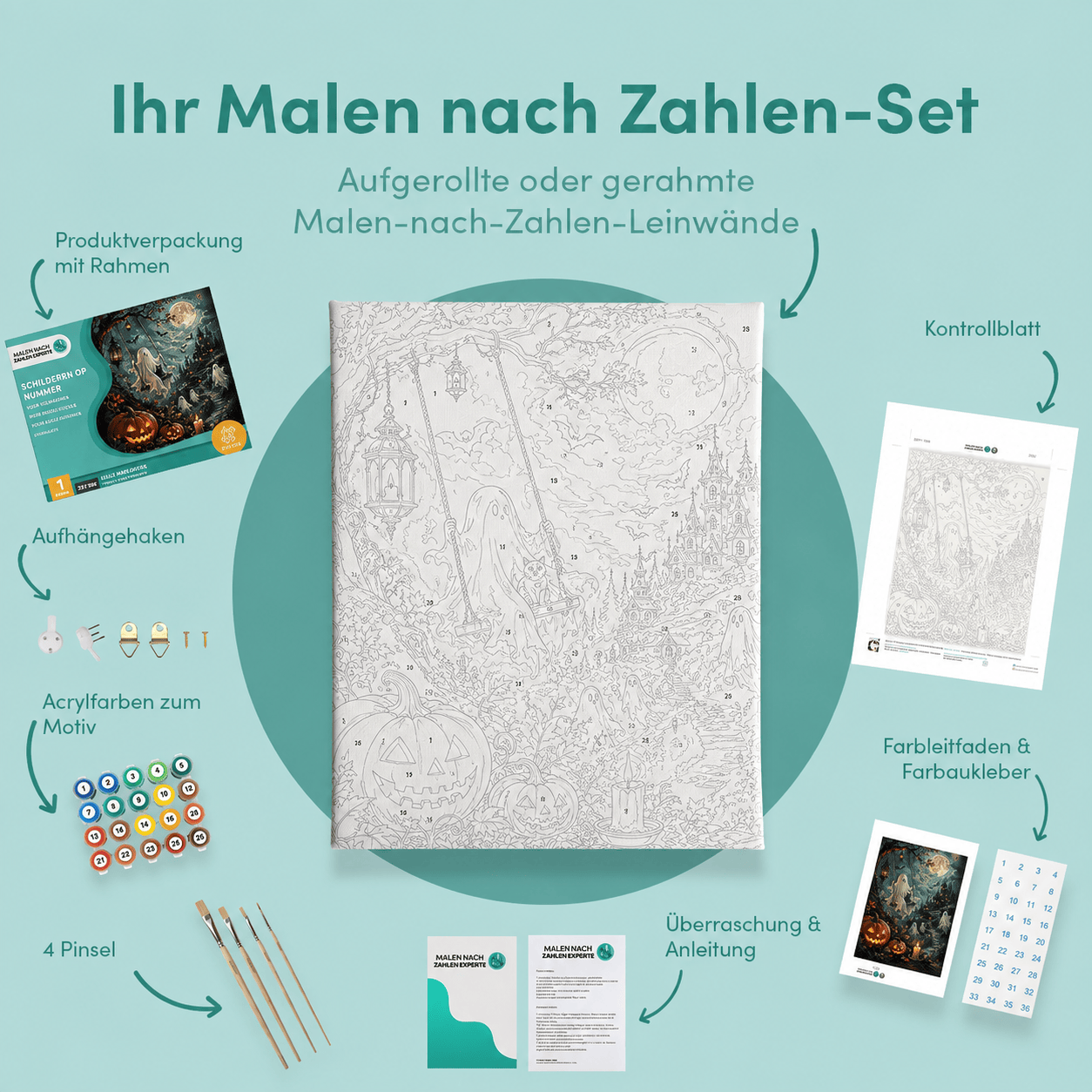 Inhalt des Malen-nach-Zahlen-Sets Geisterstunde im Mondschein