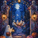Malen nach Zahlen Geistertreffen im blauen Wald – Halloween-Motiv