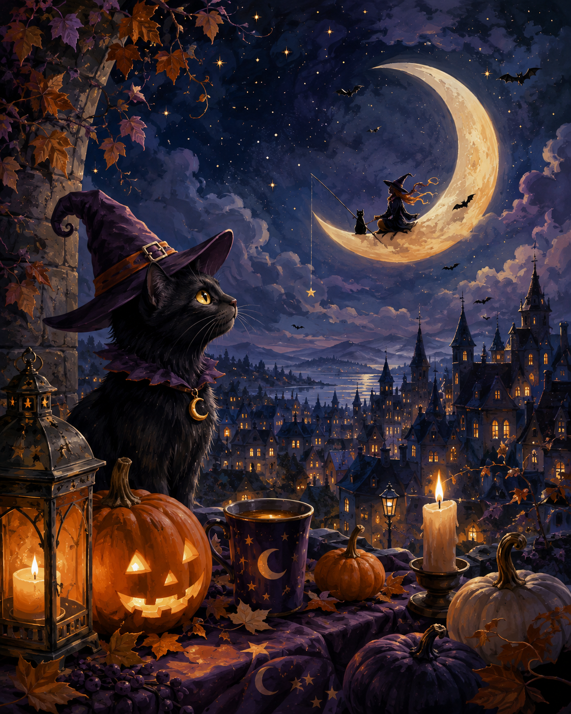 Malen nach Zahlen Halloween auf der Mondsichel – Halloween-Motiv