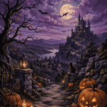Malen nach Zahlen Halloween unter violetten Wolken – Halloween-Motiv