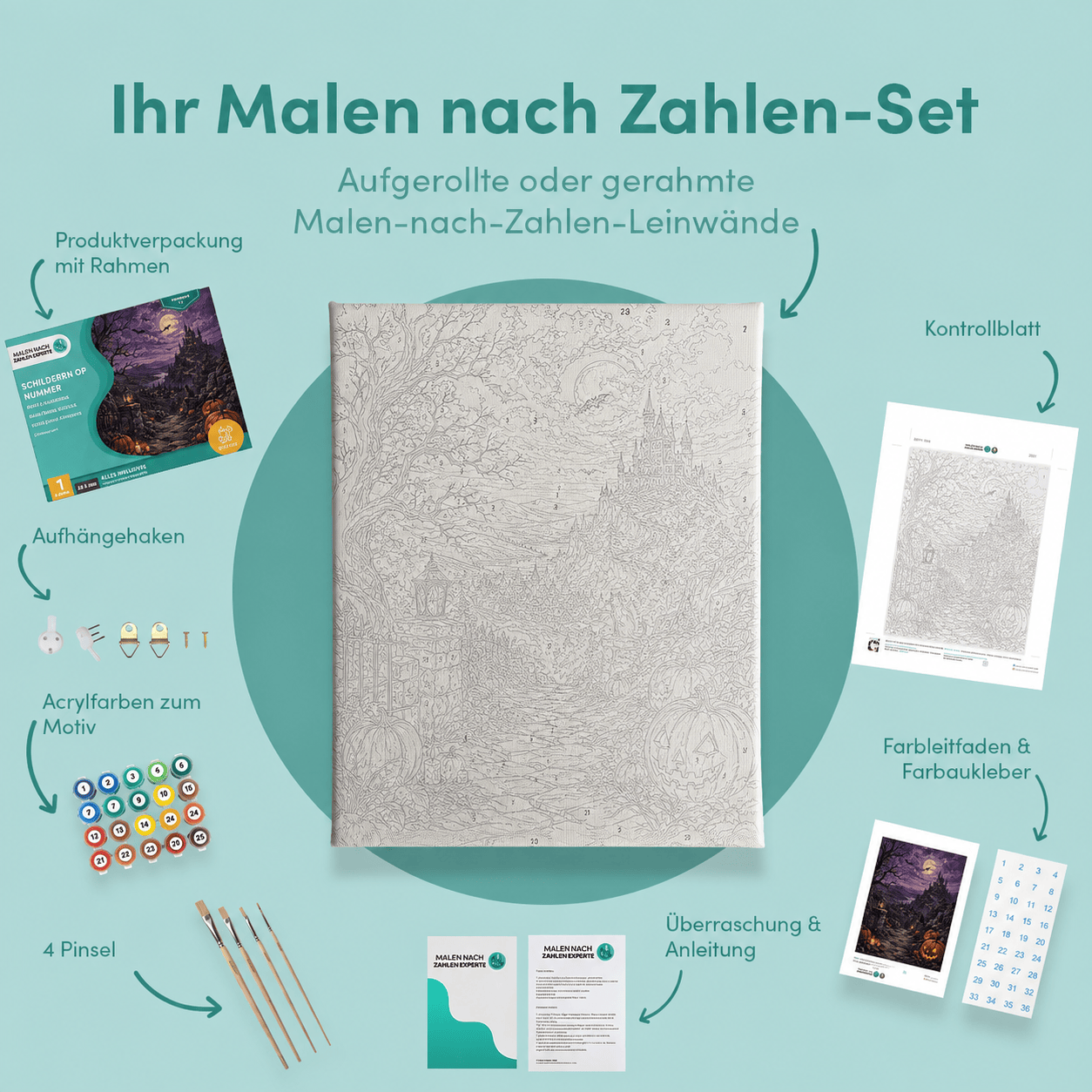 Inhalt des Malen-nach-Zahlen-Sets Halloween unter violetten Wolken