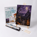 Malen nach Zahlen Halloween unter violetten Wolken mit Farben und Pinseln