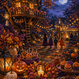 Malen nach Zahlen Herbstabend im Baumhausgarten – Halloween-Motiv