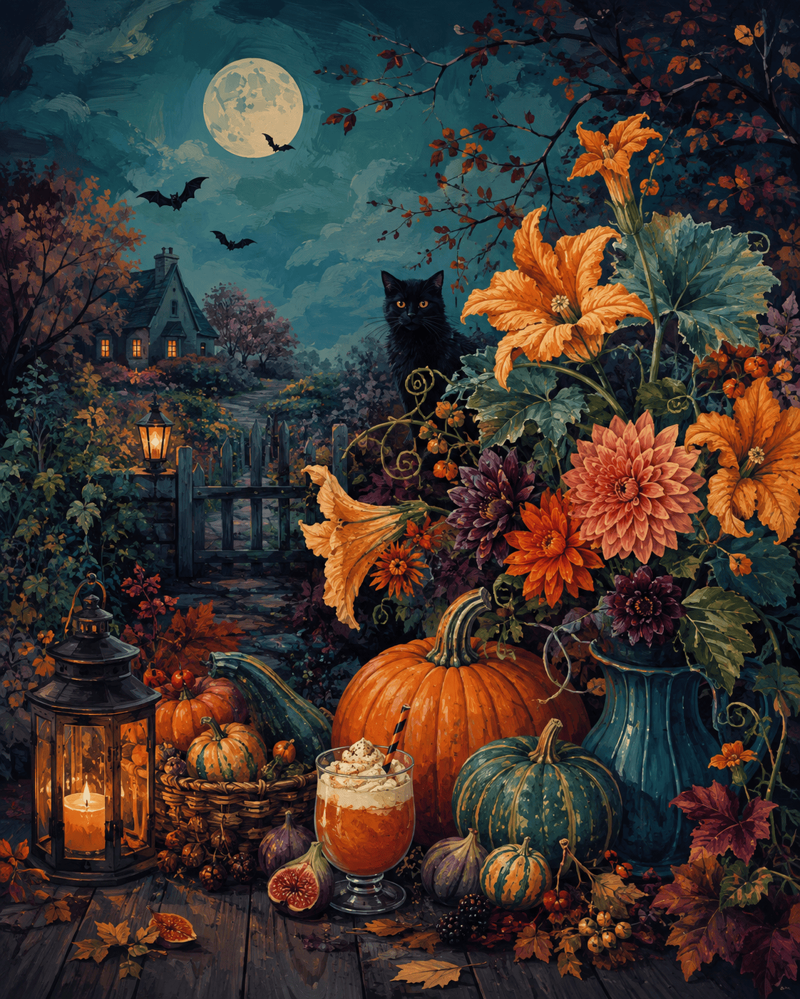 Malen nach Zahlen Herbsternte mit Kürbisblüten – Halloween-Motiv