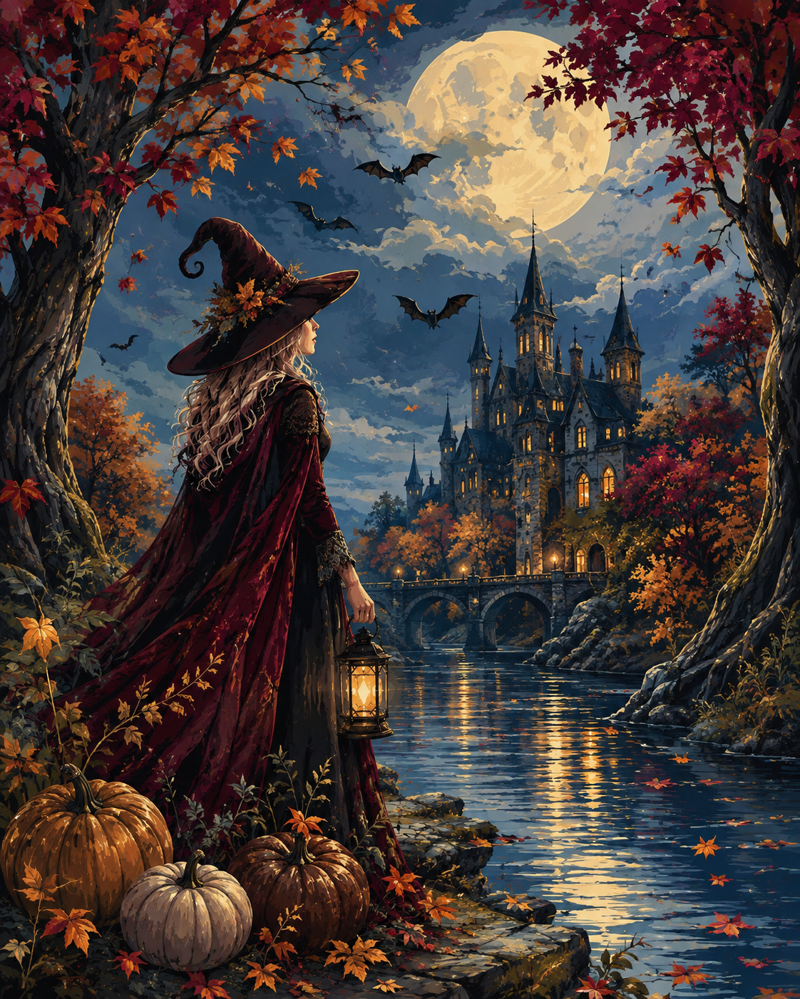 Malen nach Zahlen Herbsthexe am Fluss – Halloween-Motiv