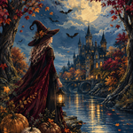 Malen nach Zahlen Herbsthexe am Fluss – Halloween-Motiv