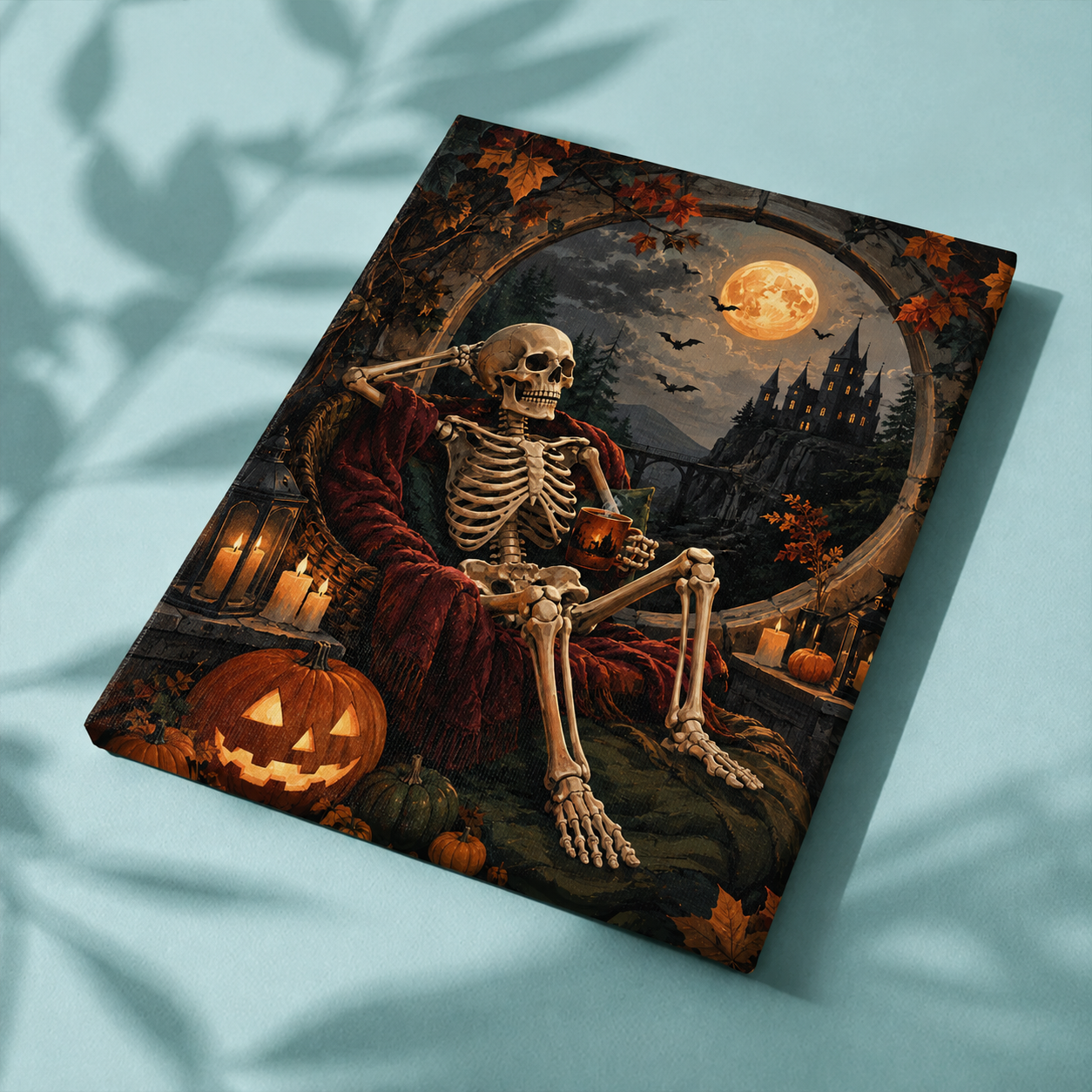 Fertige Leinwand Herr Knochen macht Pause auf Stoff