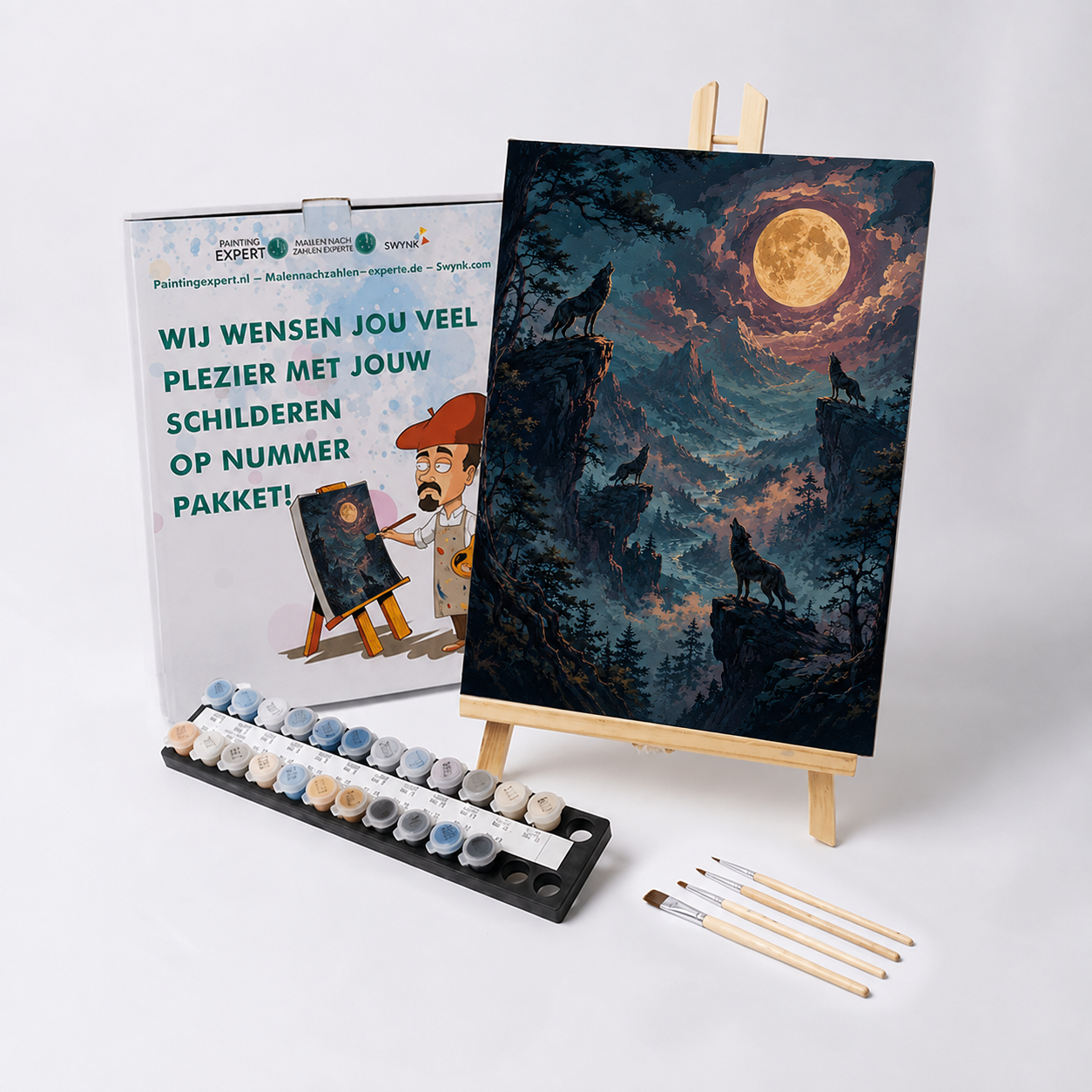 Malen nach Zahlen Heulen unter dem Vollmond mit Farben und Pinseln