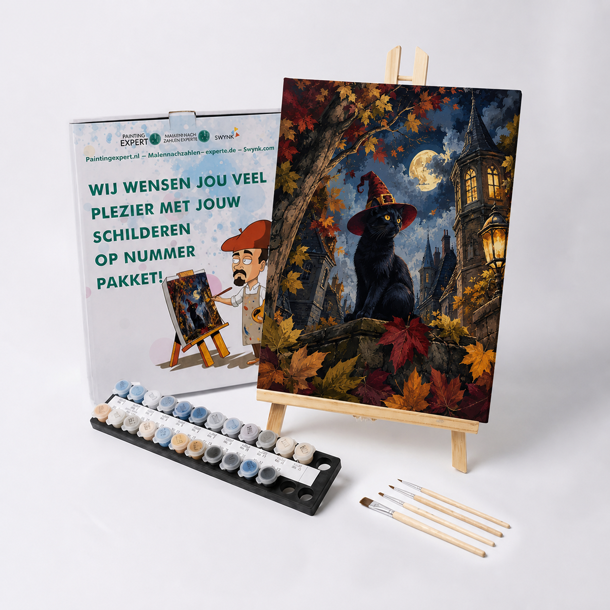 Malen nach Zahlen Hut, Katze und Herbstlaub mit Farben und Pinseln