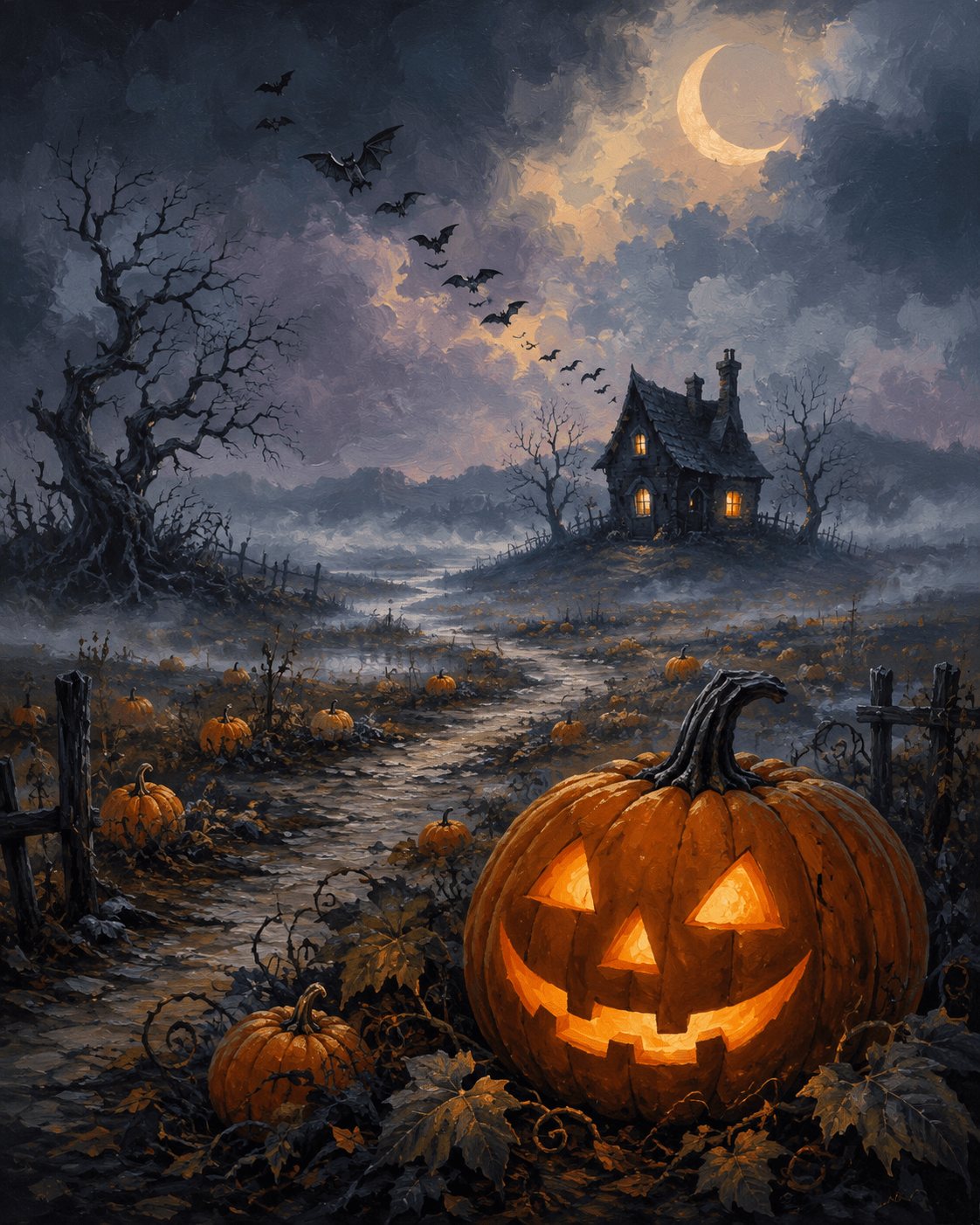 Malen nach Zahlen Kürbisnacht im Nebelmoor – Halloween-Motiv