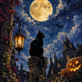 Malen nach Zahlen Mondkatze zwischen Sternen – Halloween-Motiv