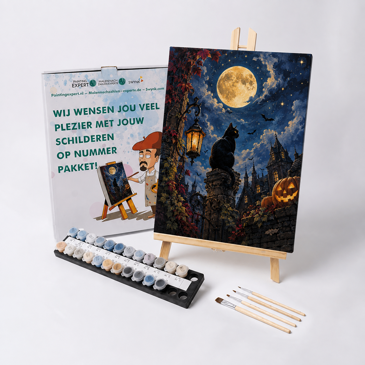 Malen nach Zahlen Mondkatze zwischen Sternen mit Farben und Pinseln