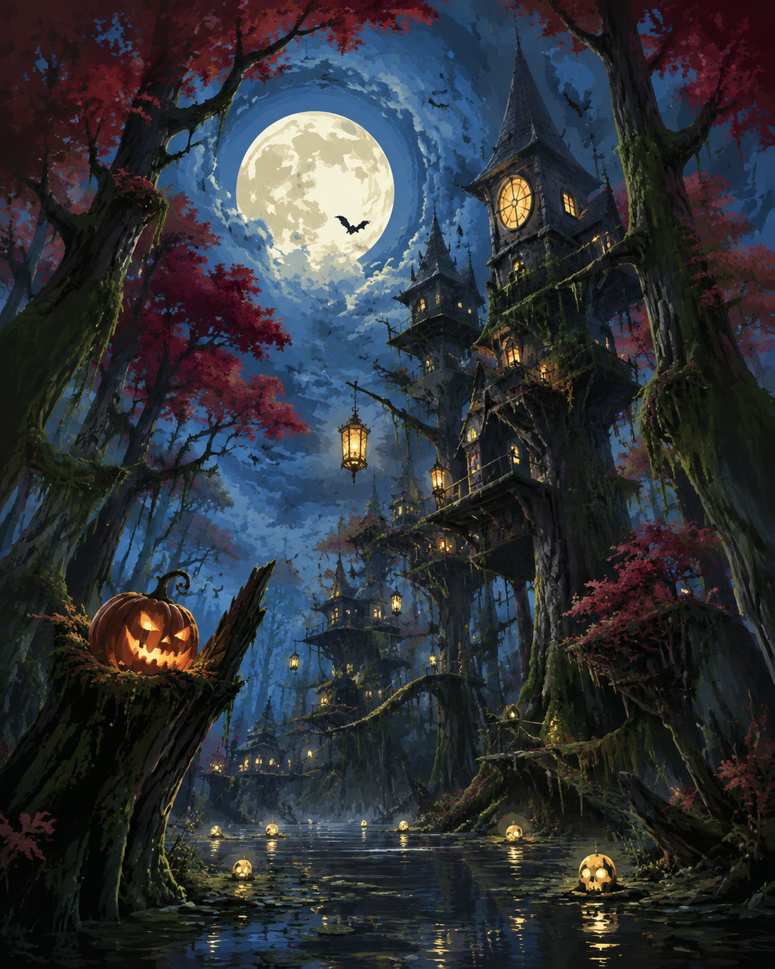 Malen nach Zahlen Neonlicht im Sumpfwald – Halloween-Motiv