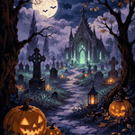 Malen nach Zahlen Neonlichter auf dem Friedhof – Halloween-Motiv