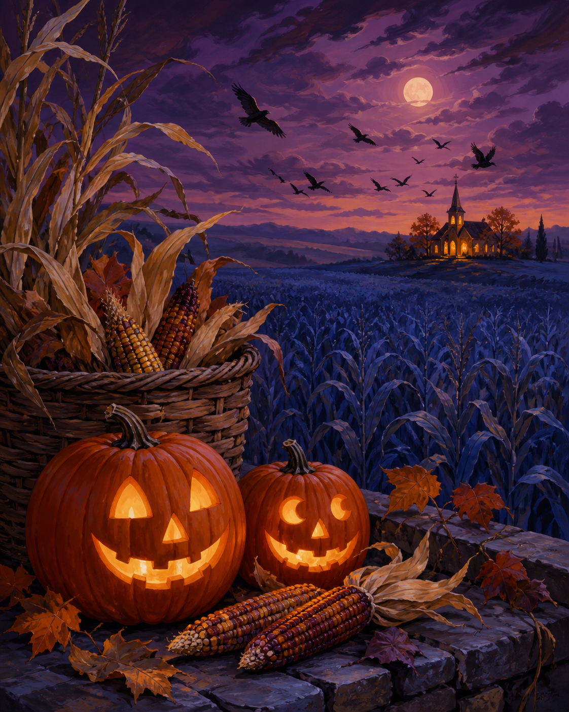 Malen nach Zahlen Oktoberdämmerung über dem Kornfeld – Halloween-Motiv