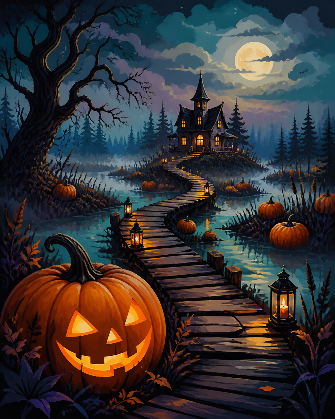 Malen nach Zahlen Pfad durch das Kürbismoor – Halloween-Motiv