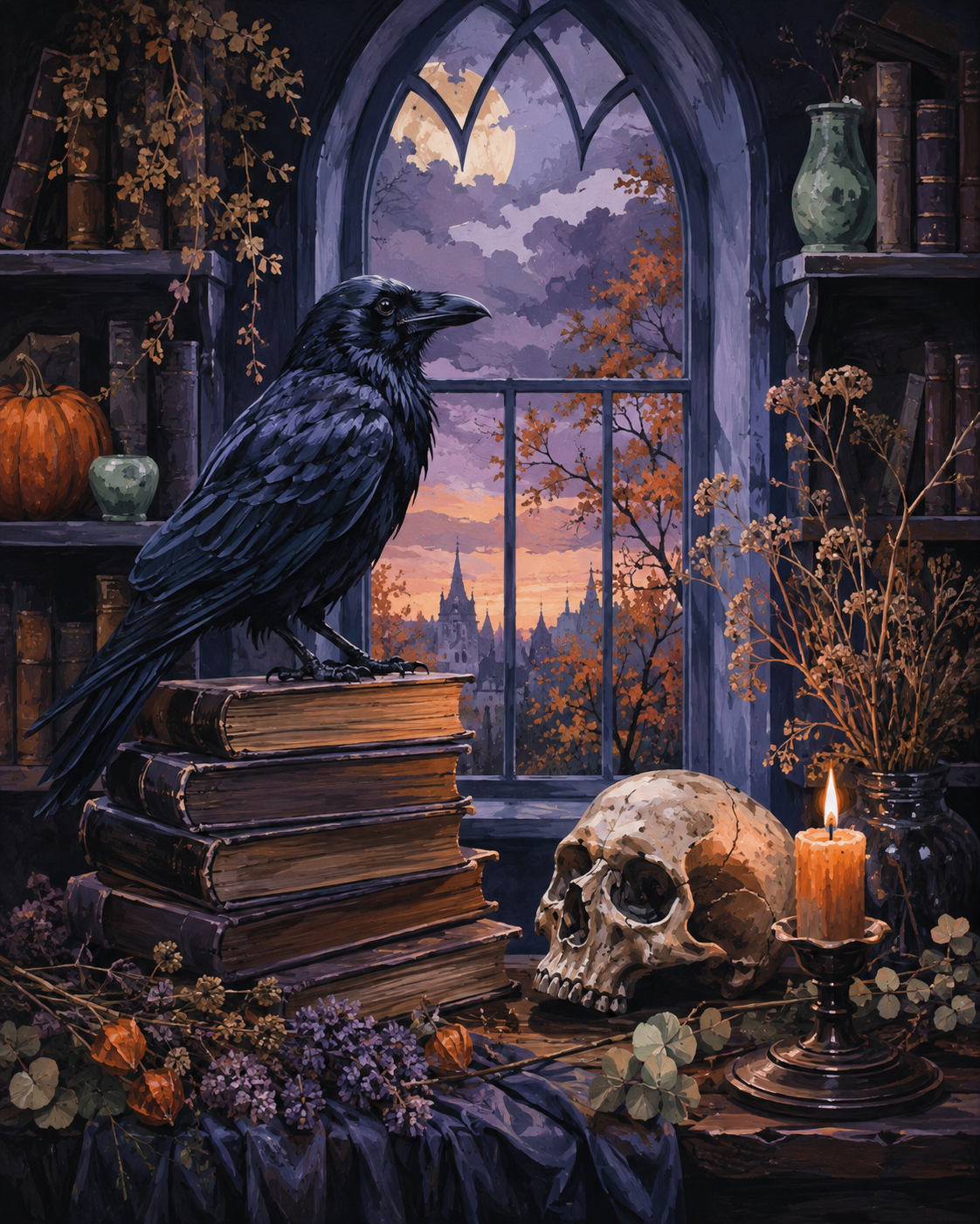 Malen nach Zahlen Rabe, Bücher und alter Schädel – Halloween-Motiv