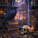 Malen nach Zahlen Rabe, Bücher und alter Schädel – Halloween-Motiv