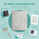 Inhalt des Malen-nach-Zahlen-Sets Rabe, Bücher und alter Schädel