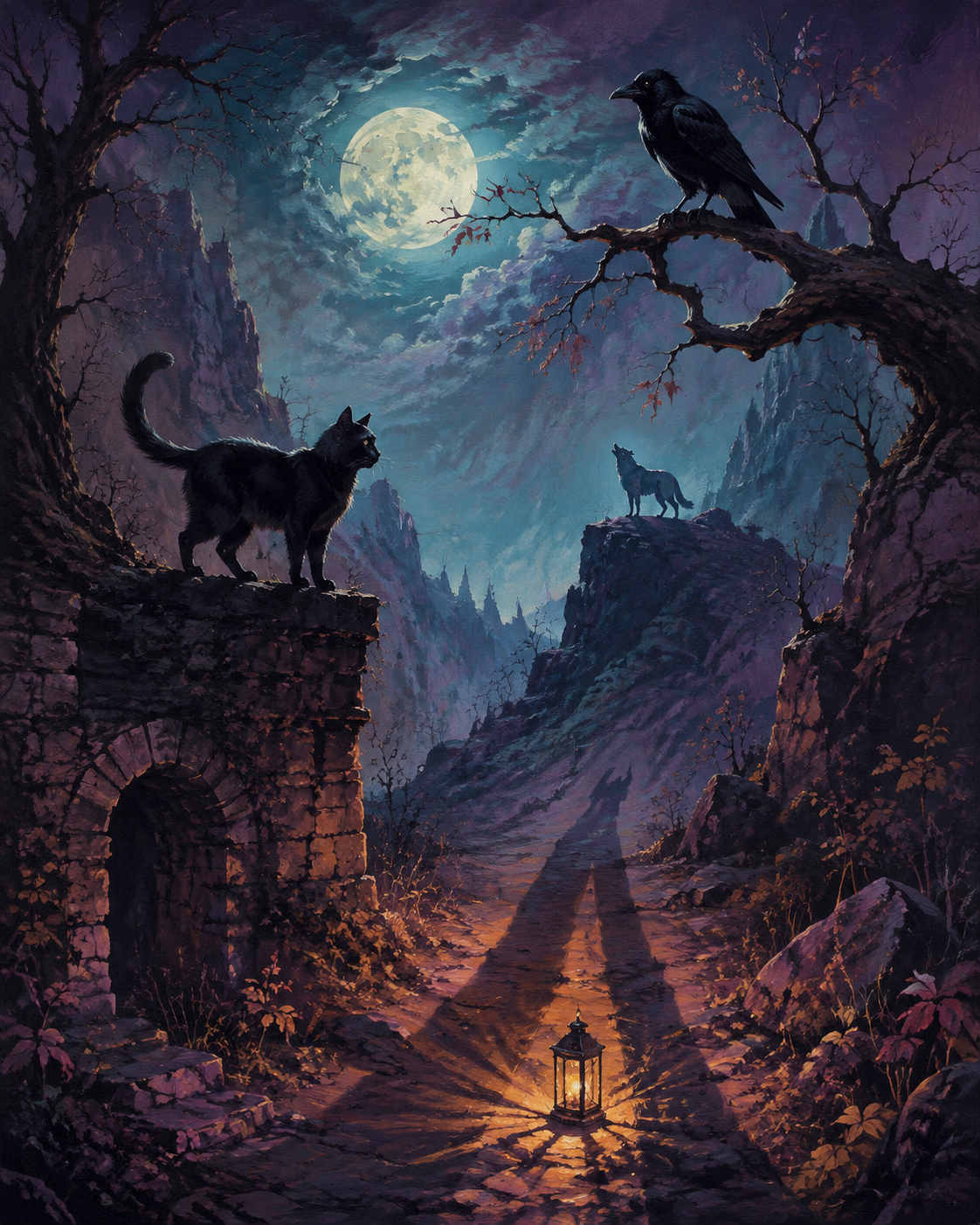 Malen nach Zahlen Schatten von Katze, Rabe und Wolf – Halloween-Motiv