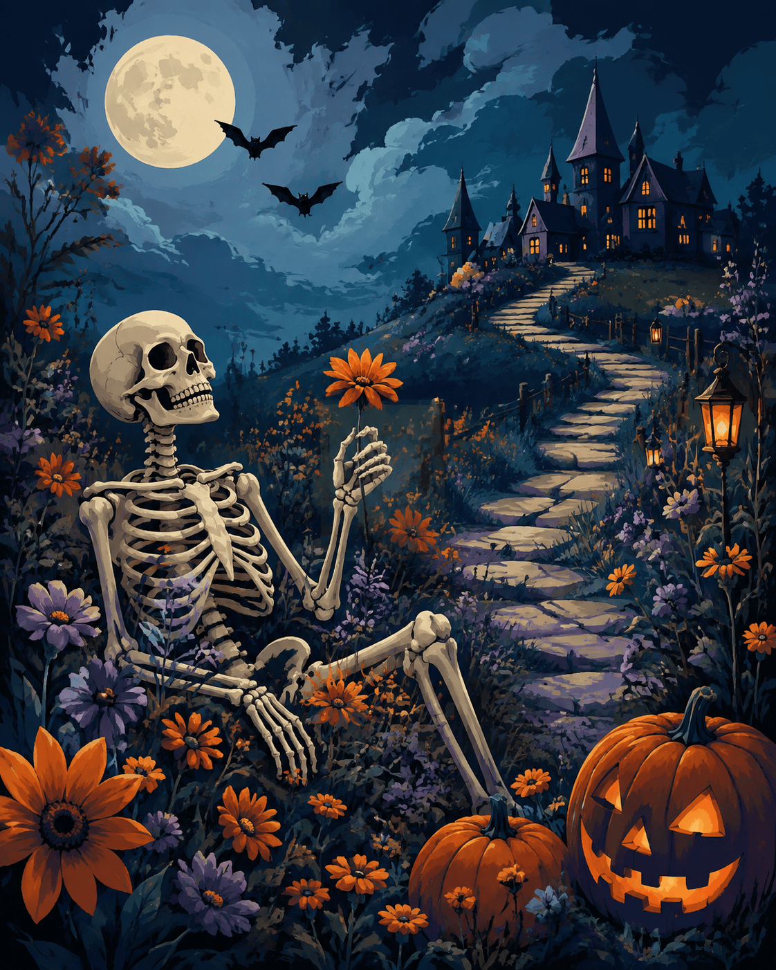 Malen nach Zahlen Skelett zwischen wilden Blüten – Halloween-Motiv