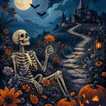 Malen nach Zahlen Skelett zwischen wilden Blüten – Halloween-Motiv
