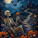 Malen nach Zahlen Skelett zwischen wilden Blüten – Halloween-Motiv