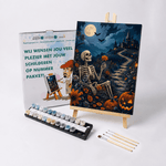 Malen nach Zahlen Skelett zwischen wilden Blüten mit Farben und Pinseln