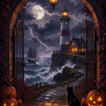 Malen nach Zahlen Sturm am Geisterleuchtturm – Halloween-Motiv