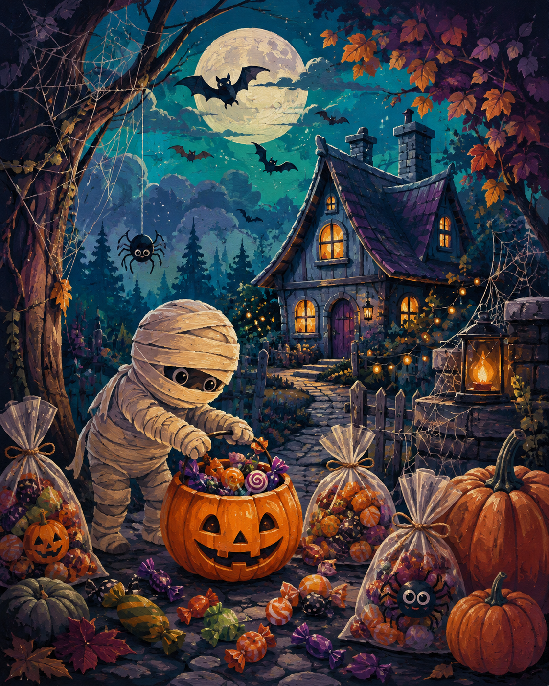 Malen nach Zahlen Süßigkeiten unter Spinnweben – Halloween-Motiv