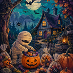 Malen nach Zahlen Süßigkeiten unter Spinnweben – Halloween-Motiv