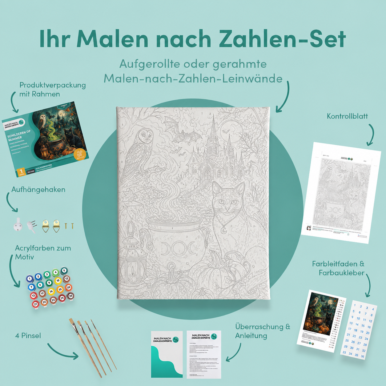Inhalt des Malen-nach-Zahlen-Sets Symbole der Geisternacht
