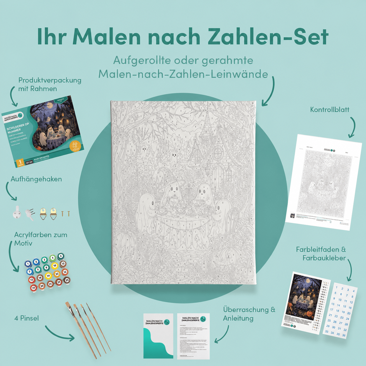 Inhalt des Malen-nach-Zahlen-Sets Teestunde der kleinen Geister