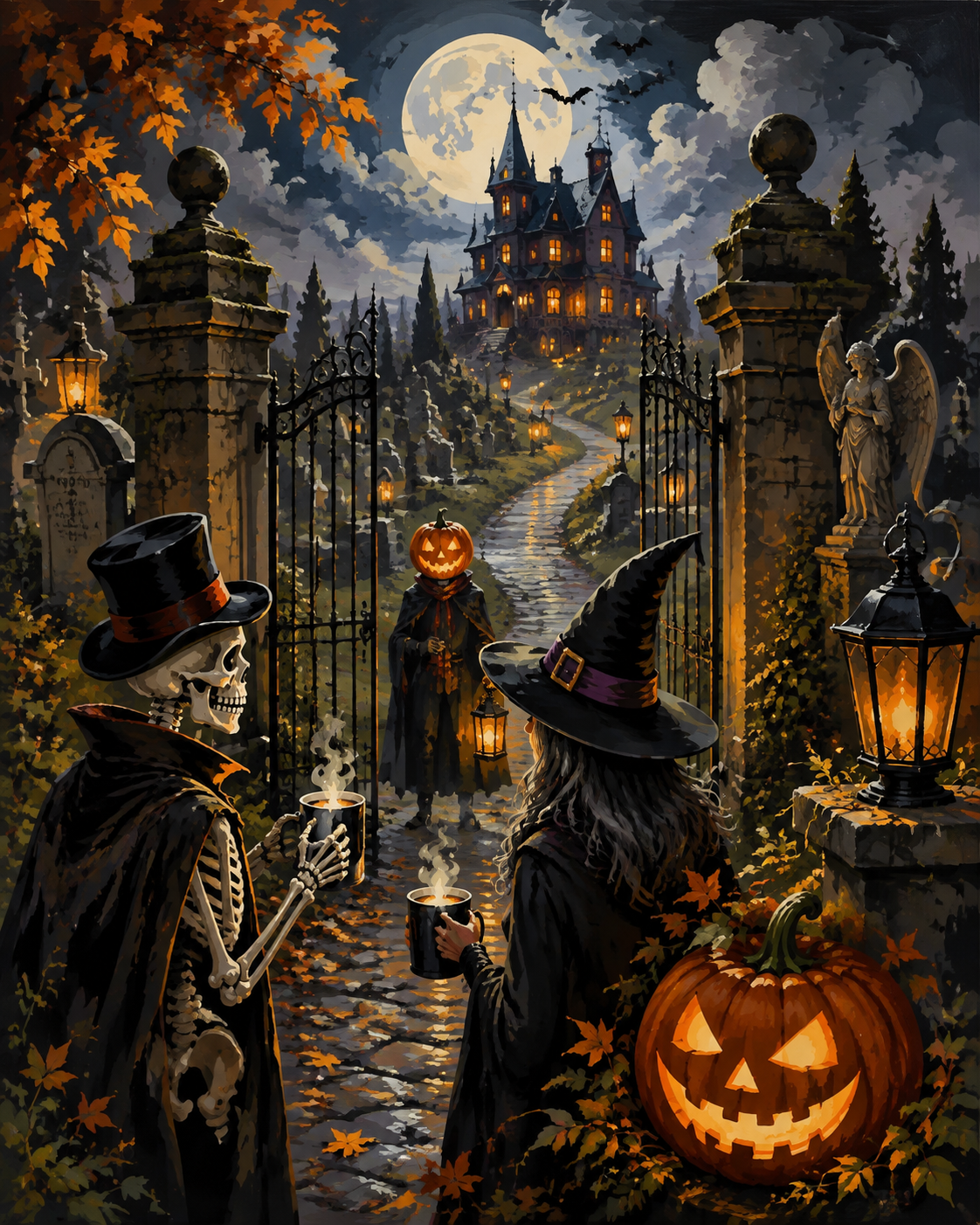 Malen nach Zahlen Treffen am Friedhofstor – Halloween-Motiv
