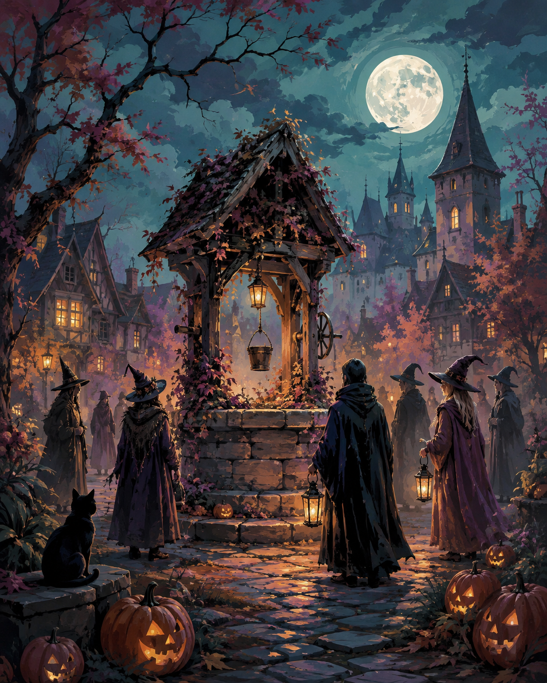 Malen nach Zahlen Versammlung am alten Brunnen – Halloween-Motiv
