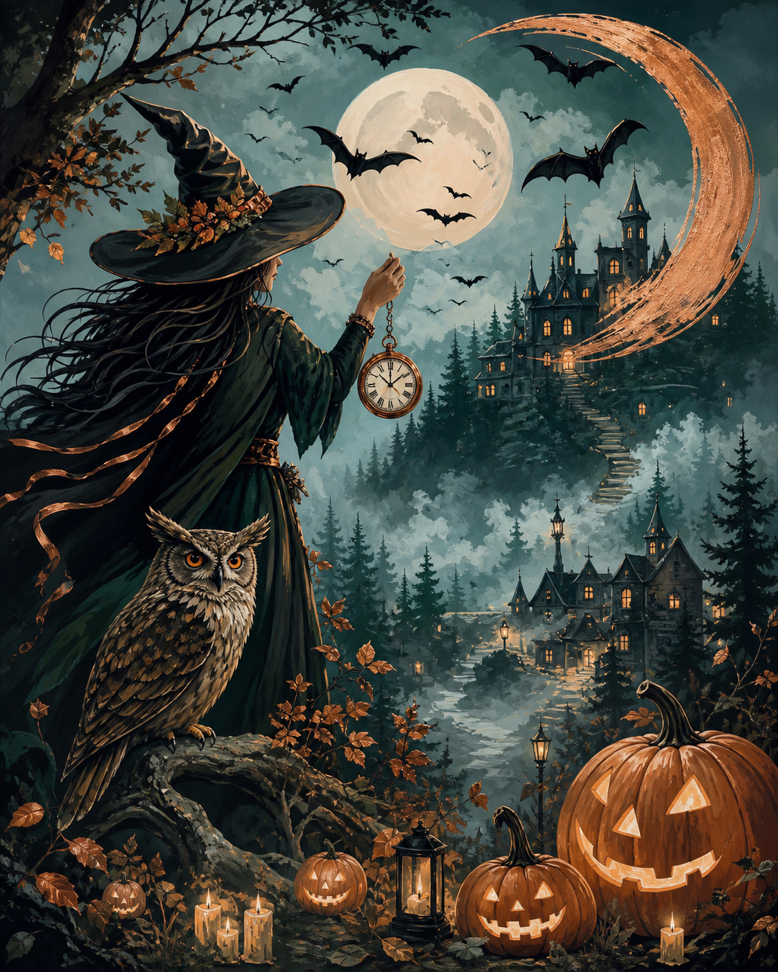 Malen nach Zahlen Wenn die Hexenuhr schlägt – Halloween-Motiv
