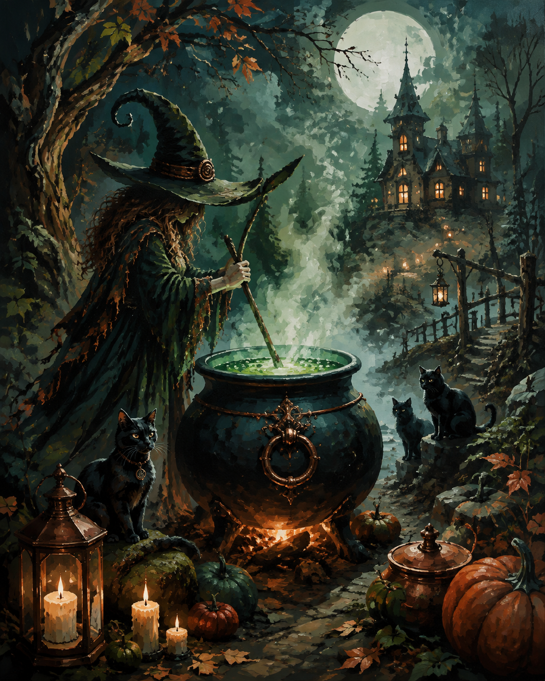 Malen nach Zahlen Wer rührt im Hexenkessel – Halloween-Motiv