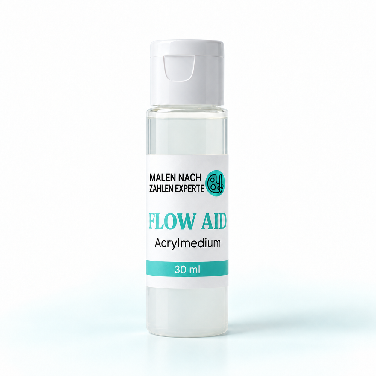 Flow Aid Acrylmedium in einer transparenten 30-ml-Flasche mit weißem Klappverschluss.