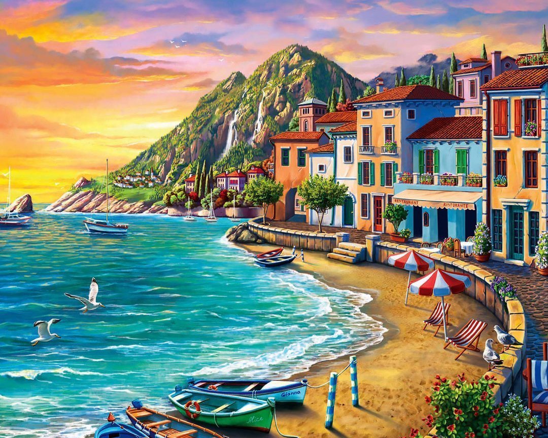 Malen nach Zahlen Bunte Häuser am Meer