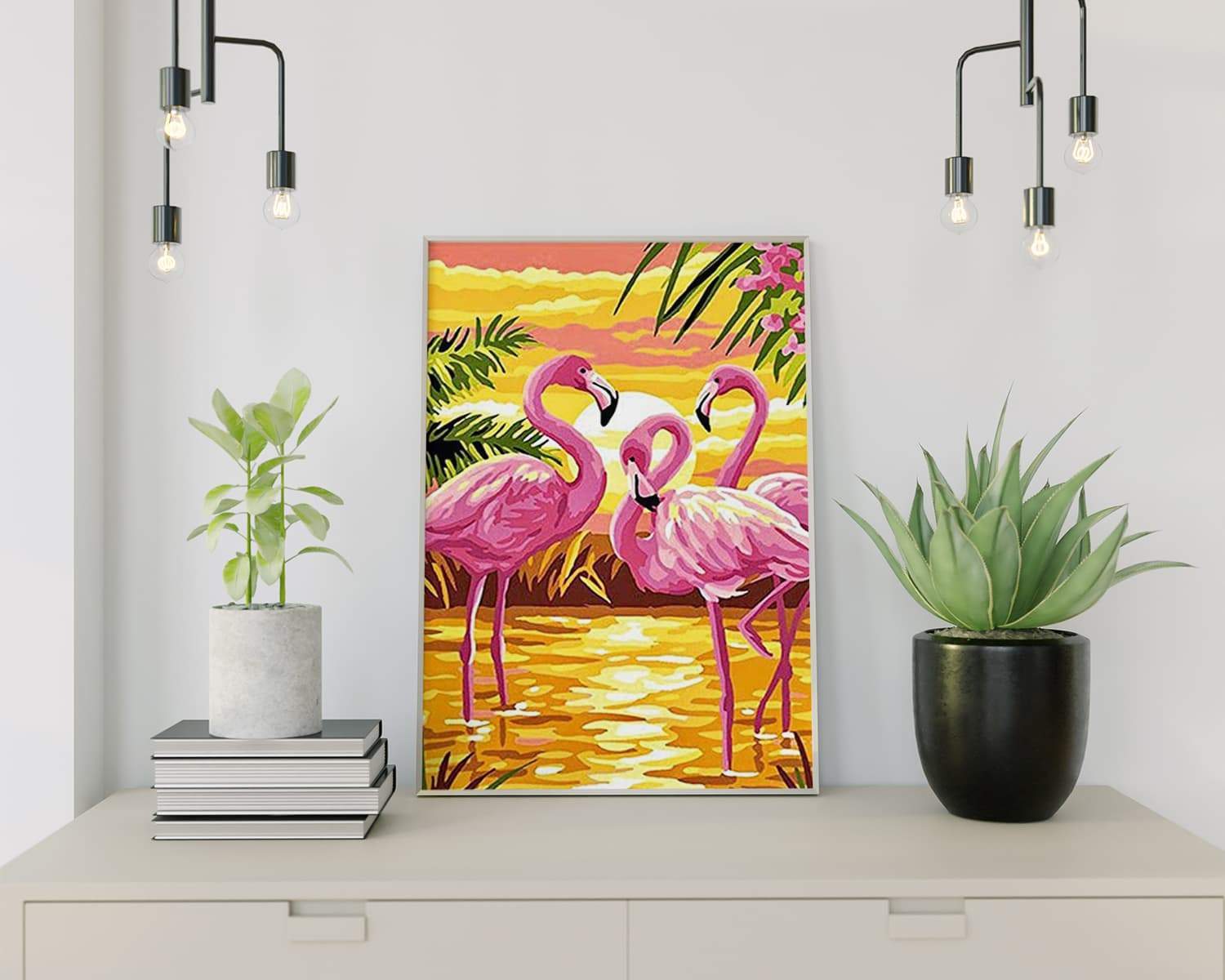 Malen nach Zahlen Flamingos mit Sonnenuntergang