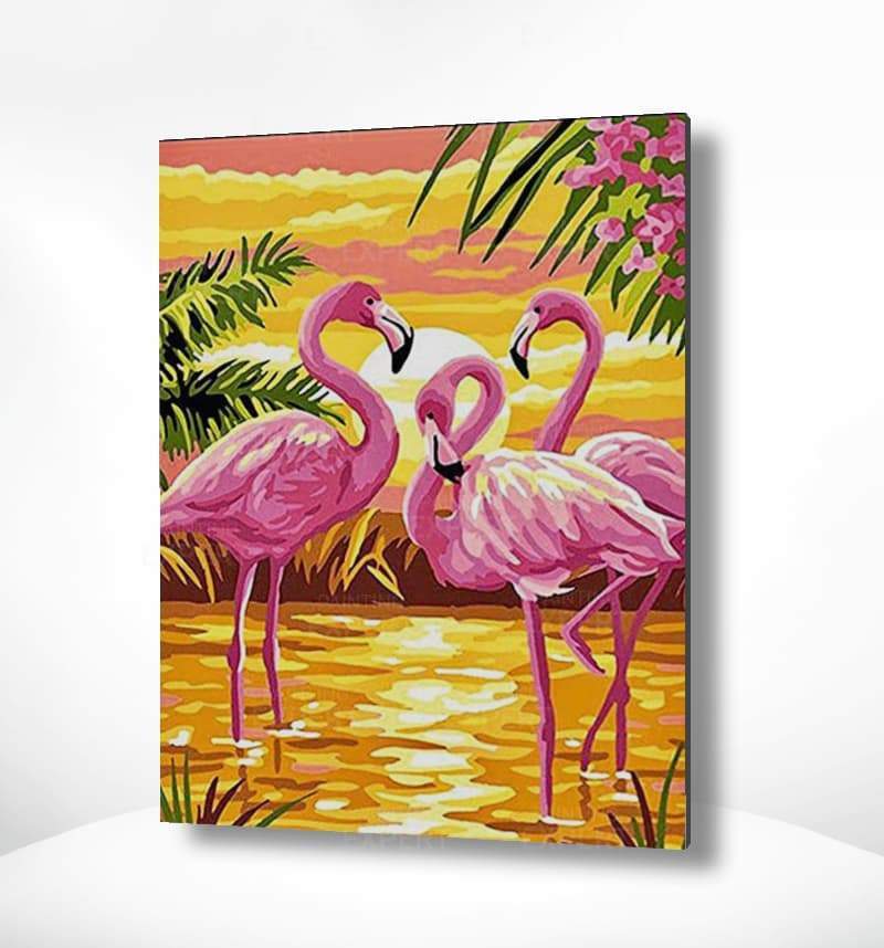 Malen nach Zahlen Flamingos mit Sonnenuntergang