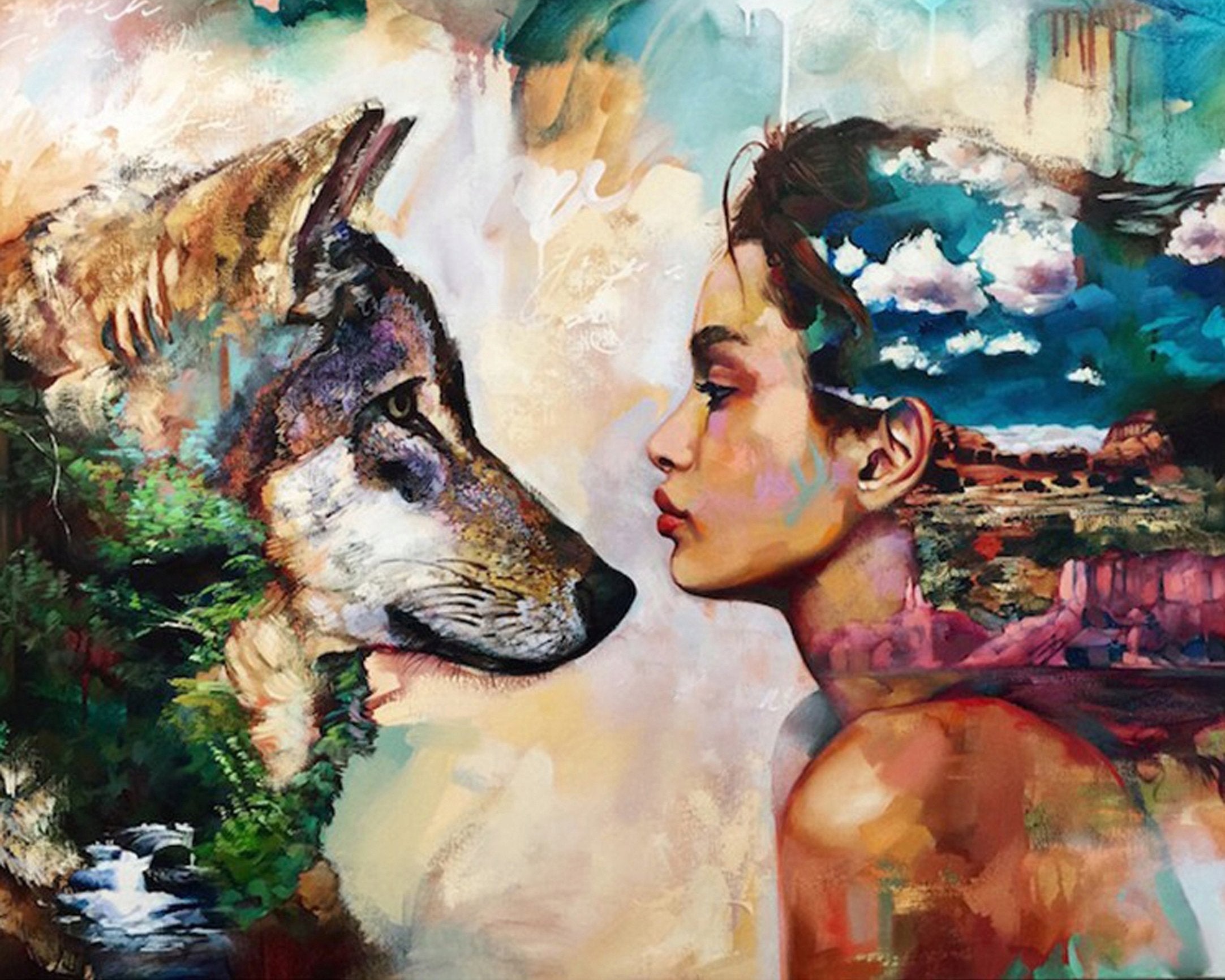 Malen nach Zahlen Frau und Wolf