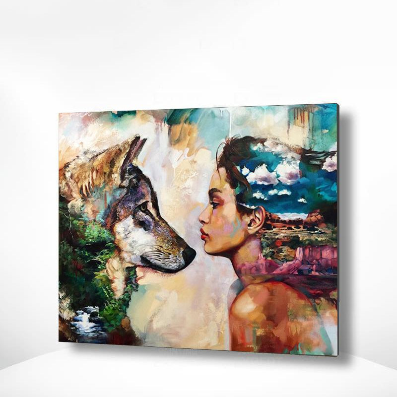 Malen nach Zahlen Frau und Wolf