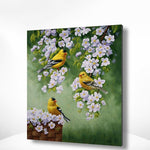 Malen nach Zahlen Gelbe Vögel mit weißen Blumen